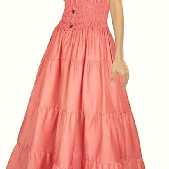 Coral Orange Retro Sun Dress Off Shoulder Tiered Maxi Long Prairie Sundress 50s - Picture 2 of 12